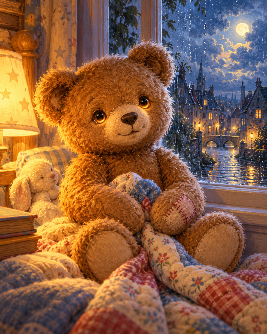 Cover artwork for Henry the Supertoy: a teddy bear guardian beside a rain-lit nursery window