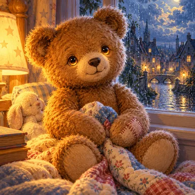 Cover artwork for Henry the Supertoy: a teddy bear guardian beside a rain-lit nursery window